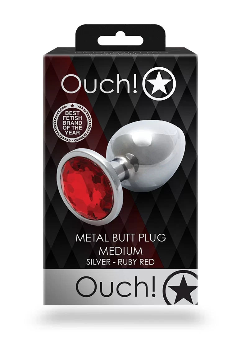 OUCH  METAL BUTT PLUG MEDIUM SILVER -RED